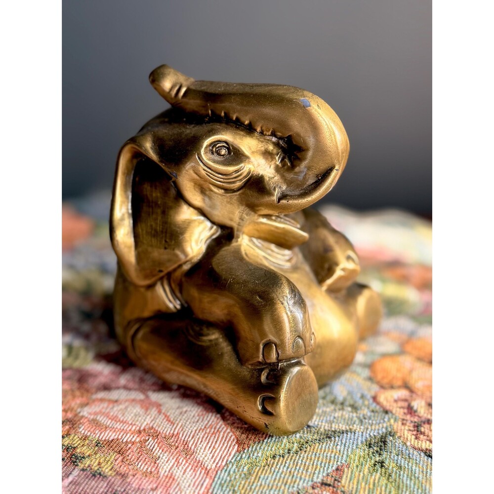 Vintage Heavy Solid Brass Elephant Figurine | Mid Century Brass Décor